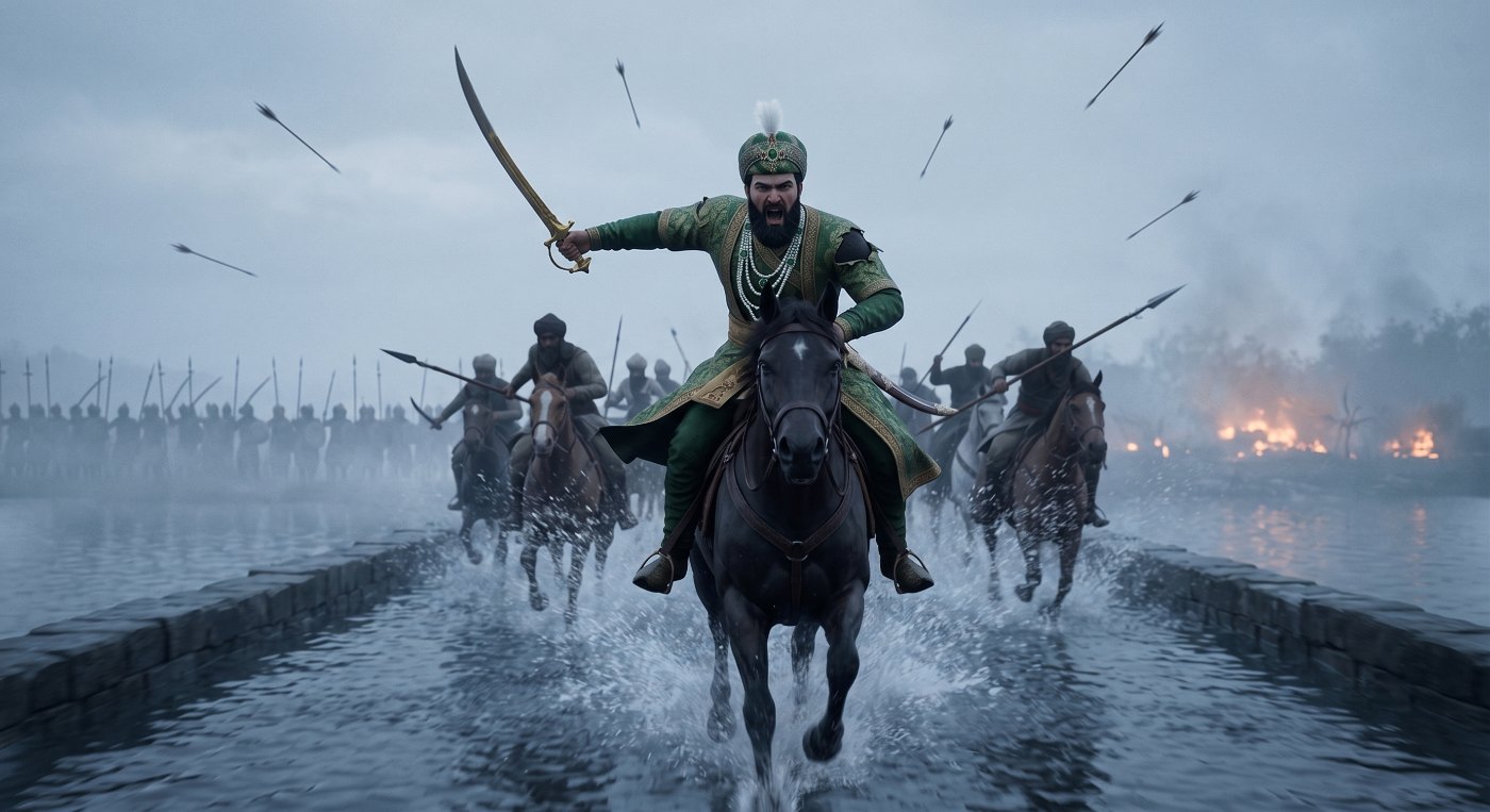 Cavalry charge along the flooded causeway