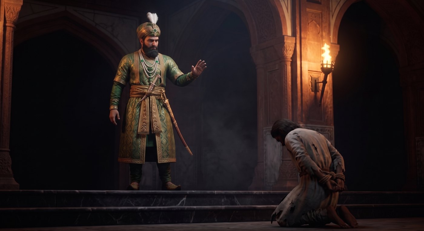 Alehuddin spares a bound traitor in the durbar
