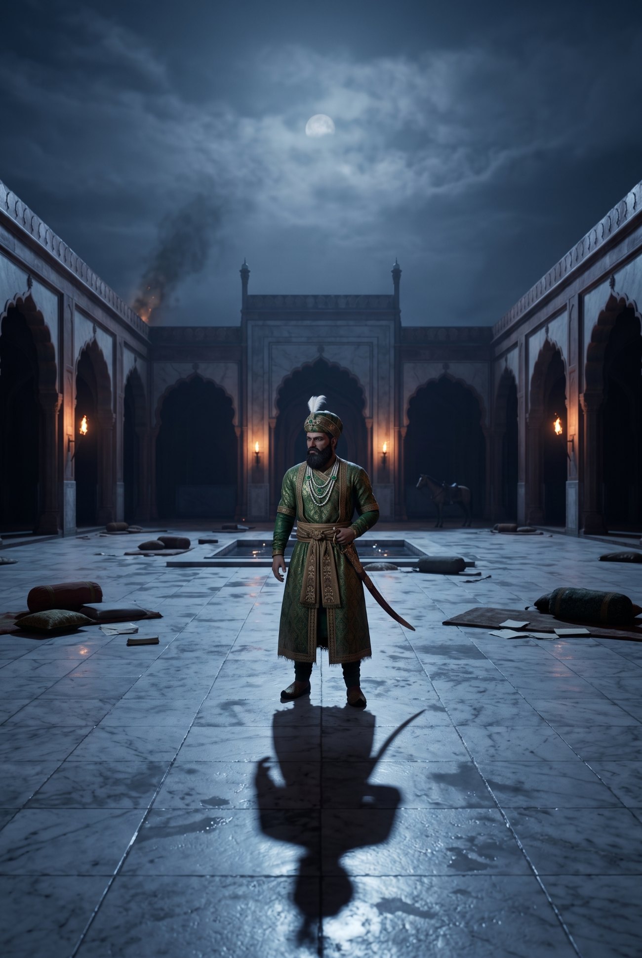 Alehuddin alone in the moonlit palace courtyard, talwar drawn