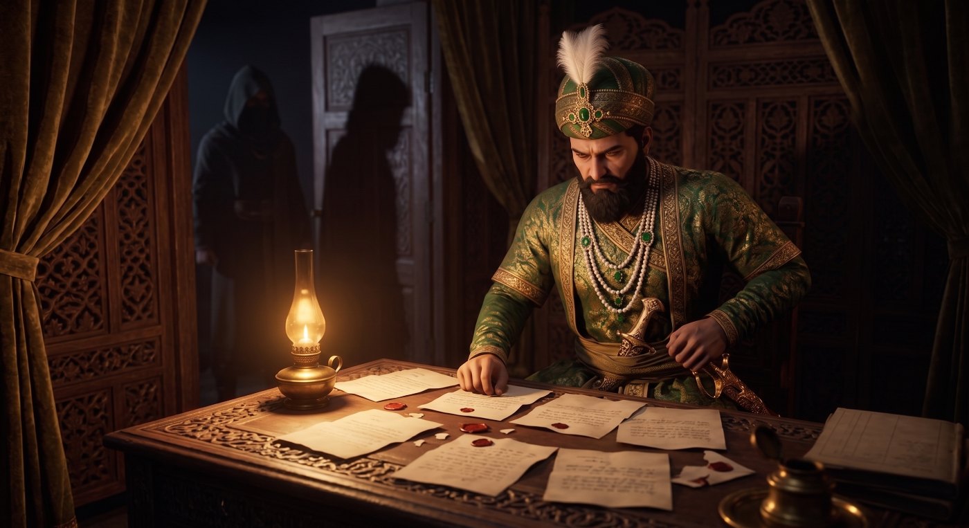Alehuddin reading the sealed treaty by lamplight